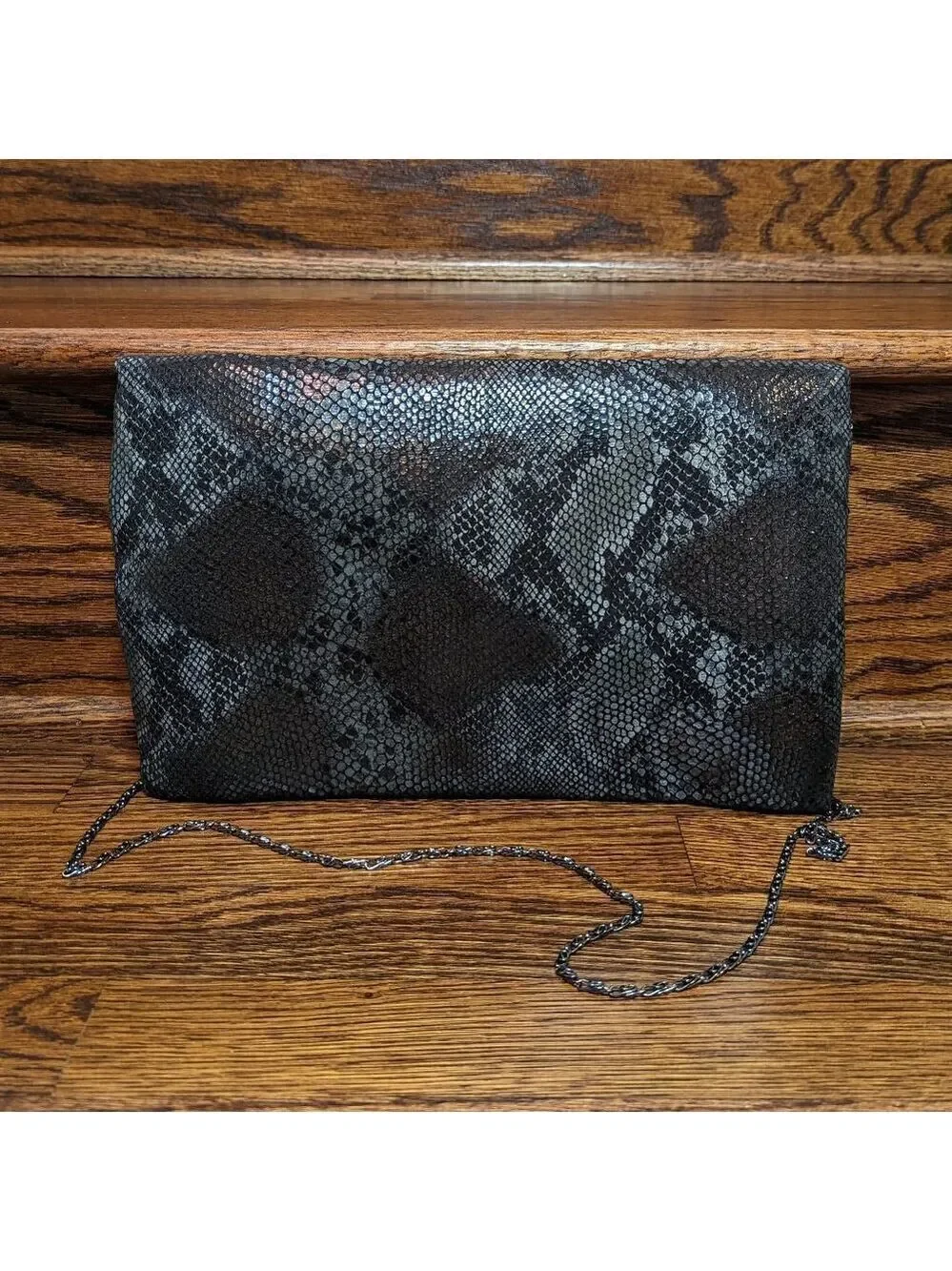 Big Buddha Gunmetal Snakeskin and Sequin Envelope Clutch EUC